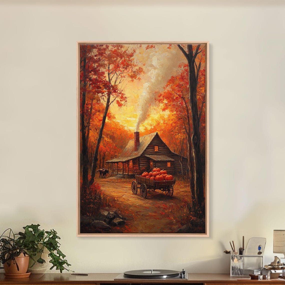Autumn Cabin With Pumpkin Wagon In Fiery Fall Forest Dusk Poster - Image 3