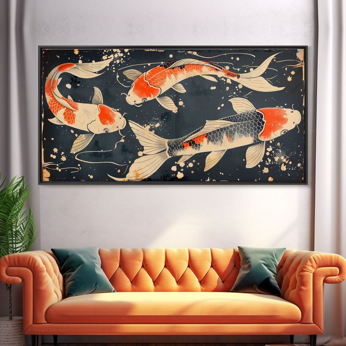 Japanese Koi Fish Trio Ukiyo E Style Dark Teal Water Zen Art Poster - Image 5