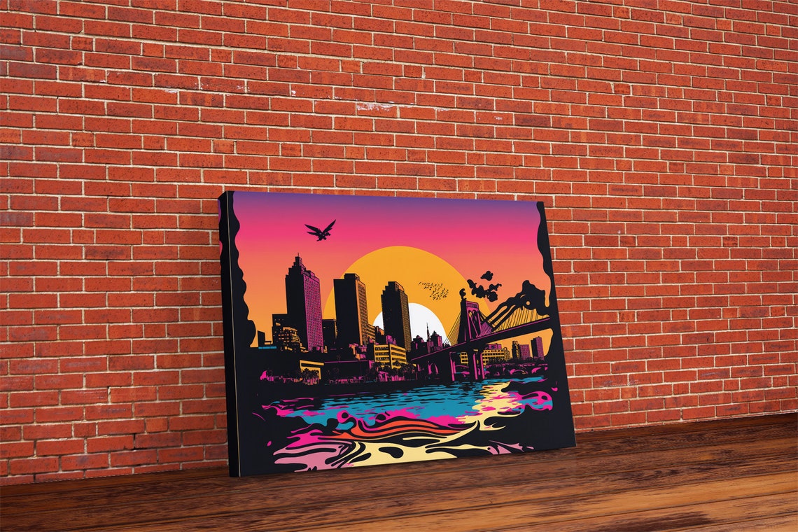 Synthwave City Skyline Sunset Bridge Water Reflection Neon Art Poster - Image 6