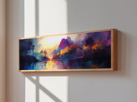Dreamy Print Fall Landscape Art Mountain Mist Moody Panoramic Rustic Above Couch Extra Wide Wall Art Bedroom Decor