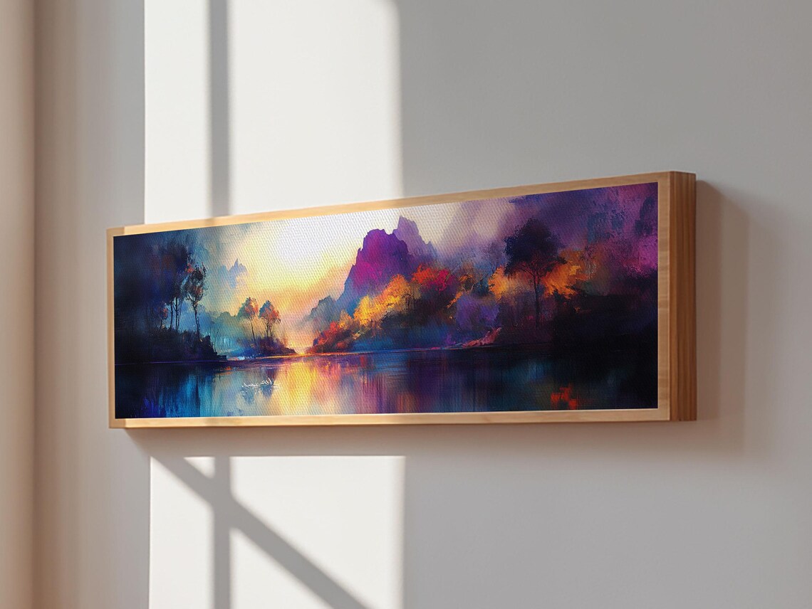 Dreamy Print Fall Landscape Art Mountain Mist Moody Panoramic Rustic Above Couch Extra Wide Wall Art Bedroom Decor
