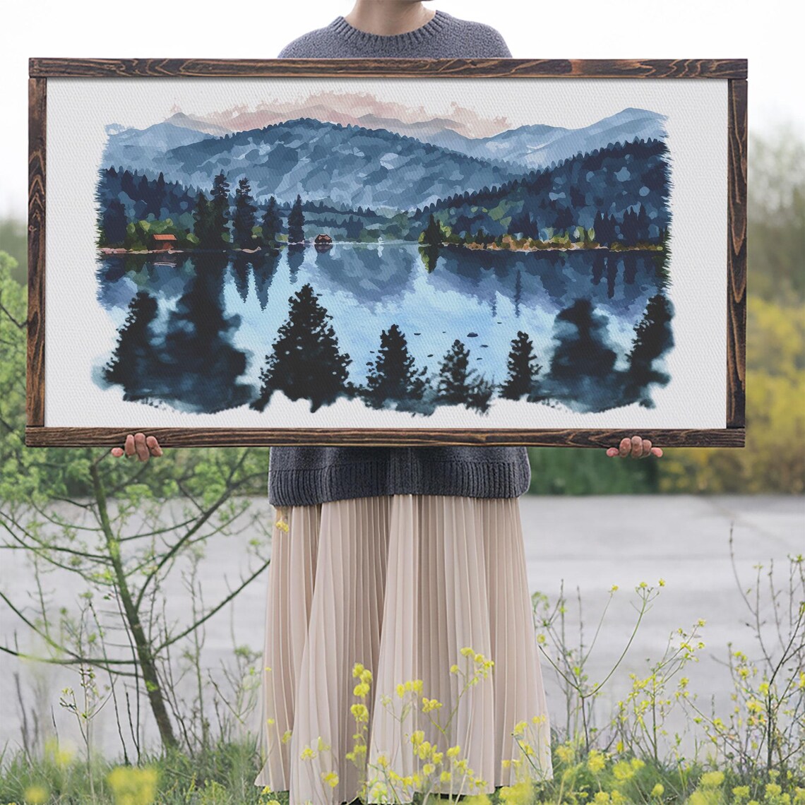 Blue Mountain Lake Watercolor Pine Reflection Cabins Nature Poster - Image 2