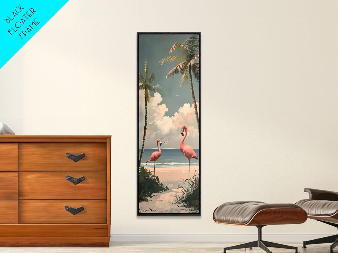 Pink Flamingos Tropical Beach Sunset Palms Retro Coastal Art Poster - Image 5