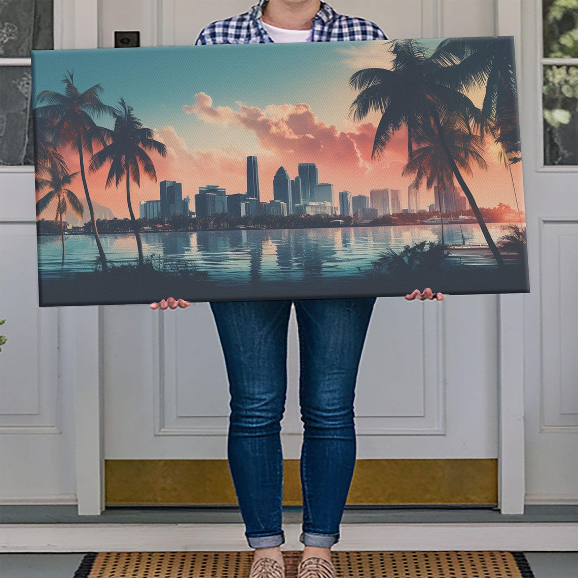 Miami Skyline Sunrise Palm Trees Cityscape Over Water Travel Poster - Image 4