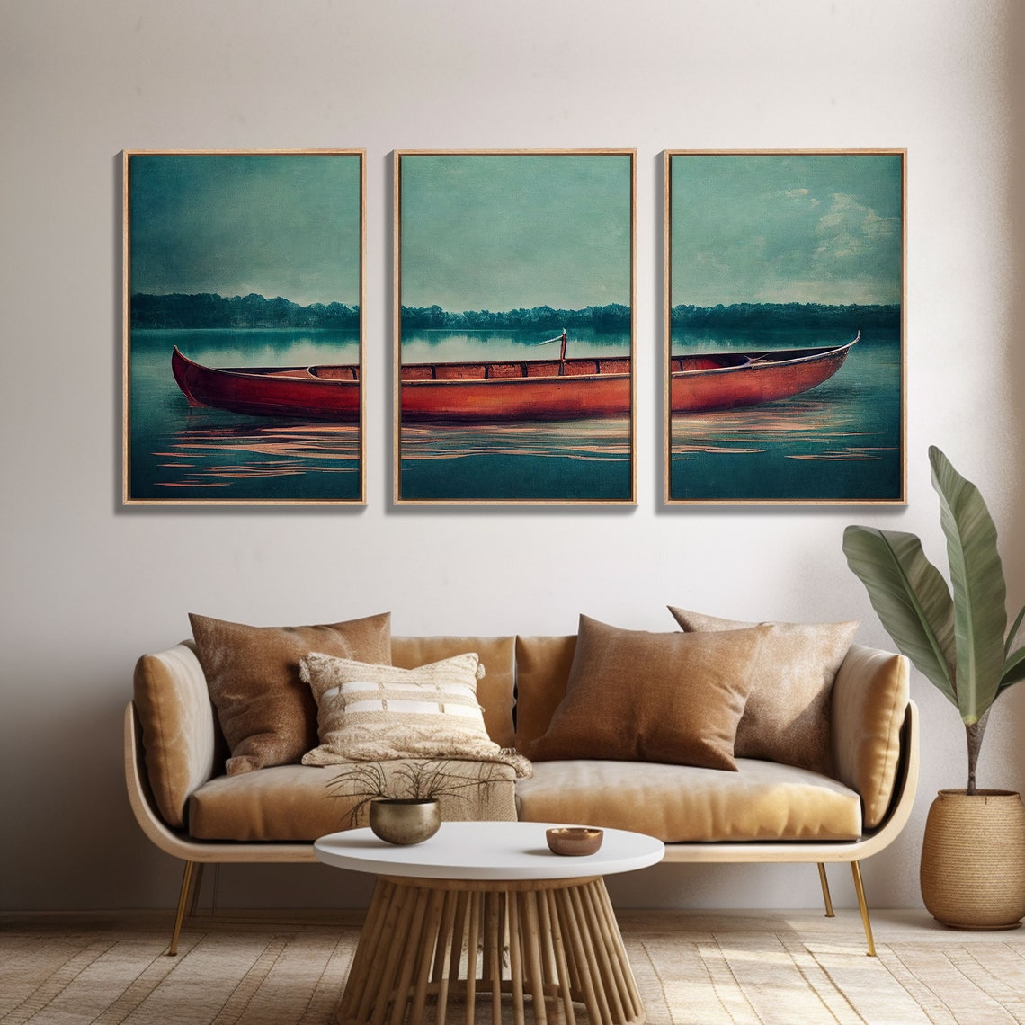 Red Canoe On Calm Teal Lake Three Piece Wall Art Tranquil Print - Image 4
