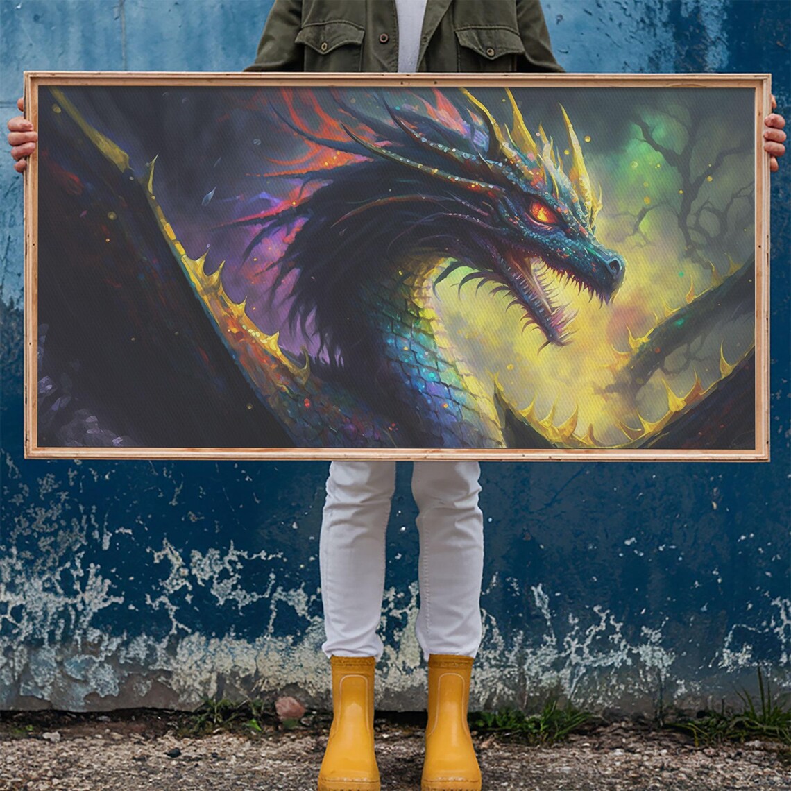Psychedelic Dragon Head Iridescent Scales Golden Horns Dark Wall Poster - Image 6