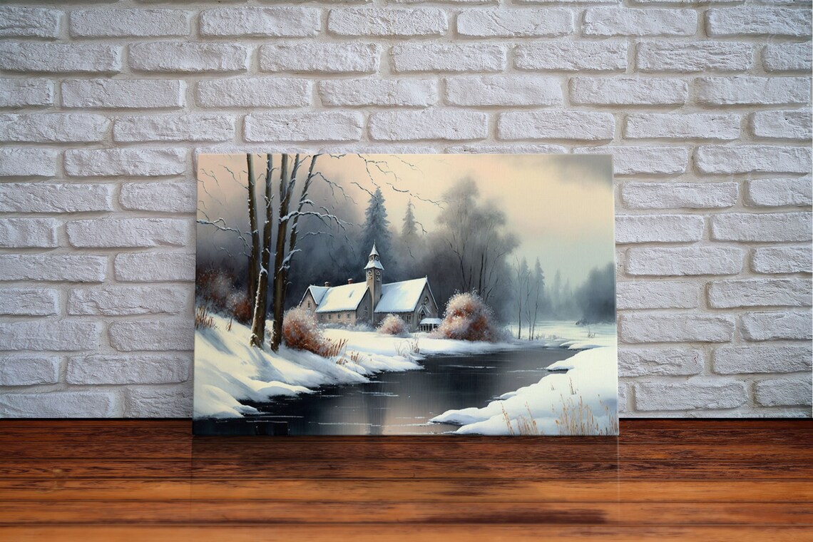 Snow Covered Landscape Church Art, Boho Minimalist Modern