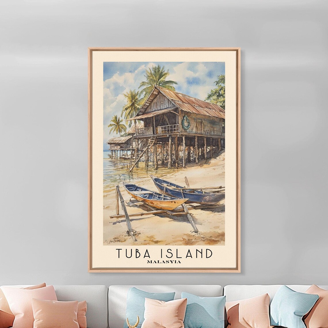 Tuba Island Malaysia Stilt Fishing Huts Wooden Boats Palm Trees Poster - Image 2