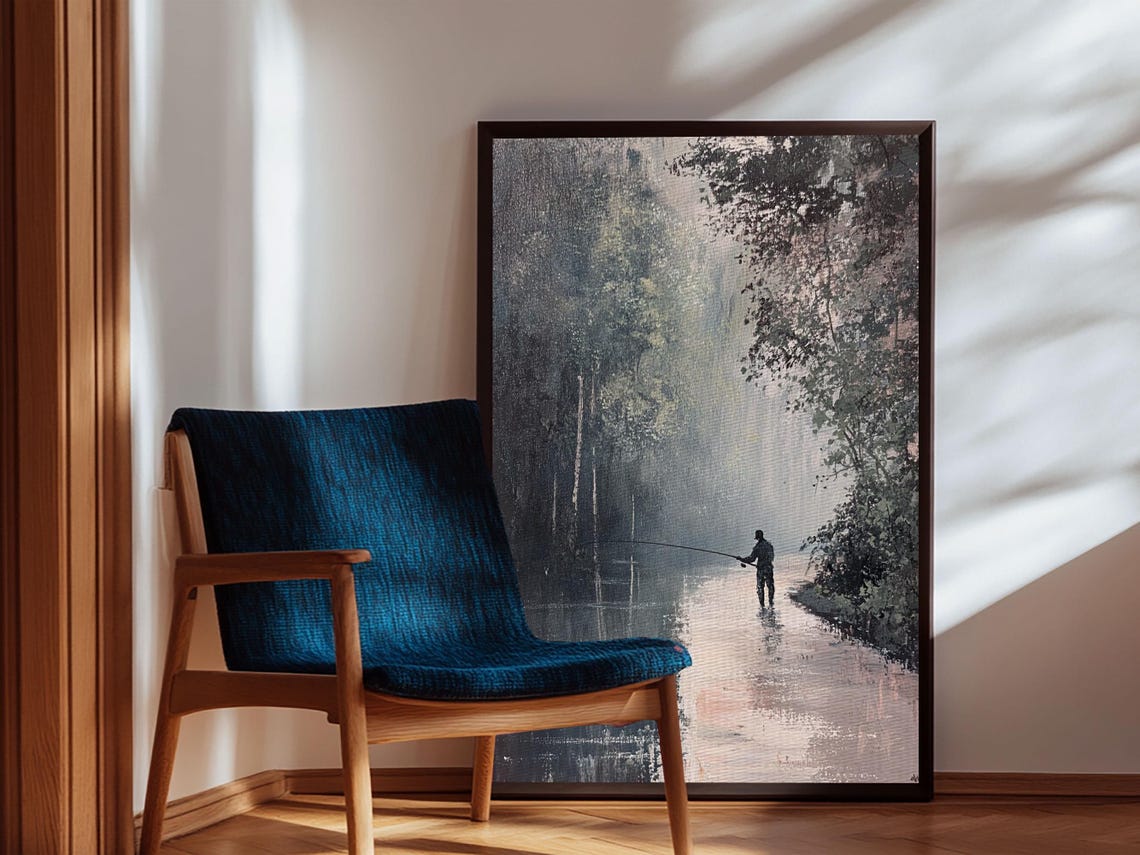 Fly Fisherman Silhouette On Misty Forest River Painting Wall Art - Image 3