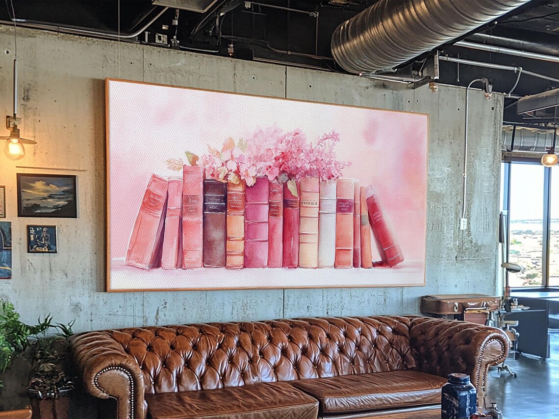 Pink Book Stack With Blossoms Wide Horizontal Library Watercolor Art Poster - Image 5