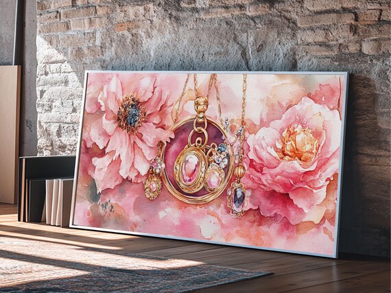 Pink Peony Jewelry Rings Wide Horizontal Gold Vintage Watercolor Art Poster