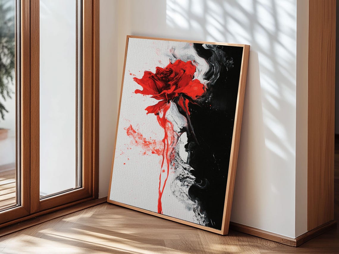 Dramatic Melting Red Rose Duality Abstract Black White Art Print - Image 5