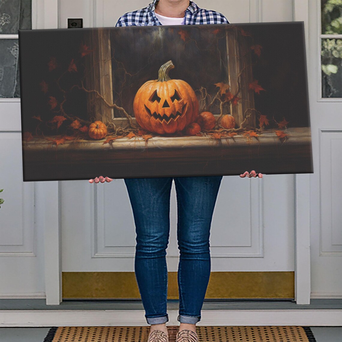 Glowing Jack O Lantern Windowsill Night Vines Spooky Pumpkin Art Poster - Image 4