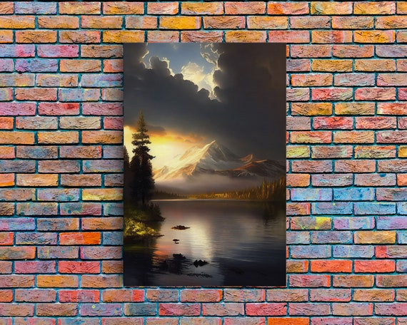 Framed Wall Art Wood Panel Effect Mountain Range Top Print Modern Art Rustic Decor For Living Room Original Mountain Painting
