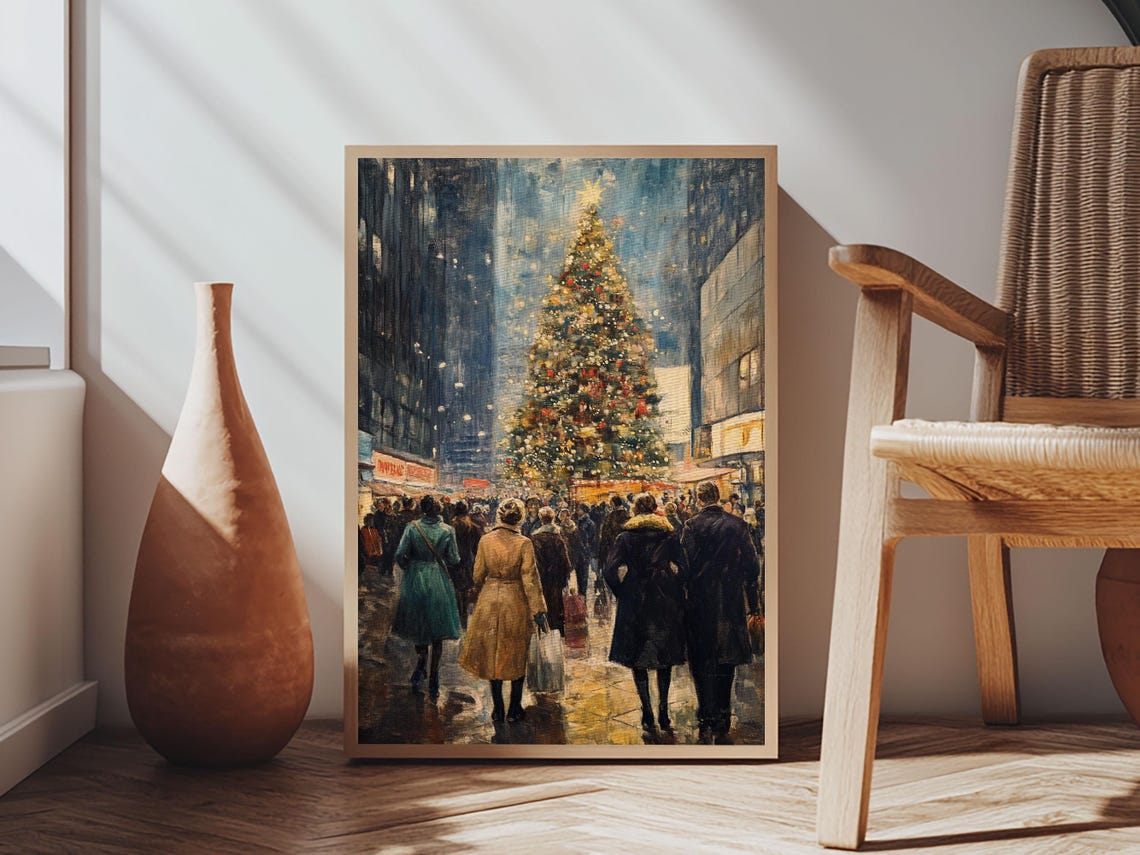 Vintage Christmas Crowd Gathered Around Giant Tree City Night Art