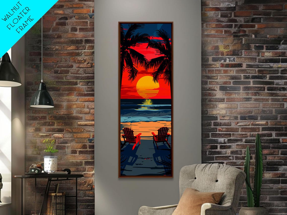 Retro Beach Sunset Chairs Palms Ocean View Midcentury Travel Poster