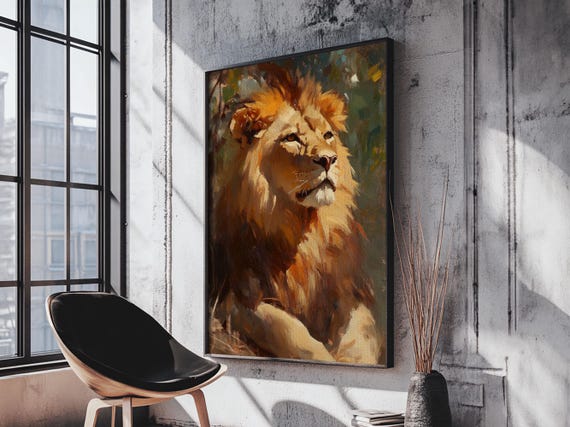 Regal Lion Oil Painting Framed Print Rustic Decor Wall Art African Lion Wildlife Above Couch Art Bold Statement Piece