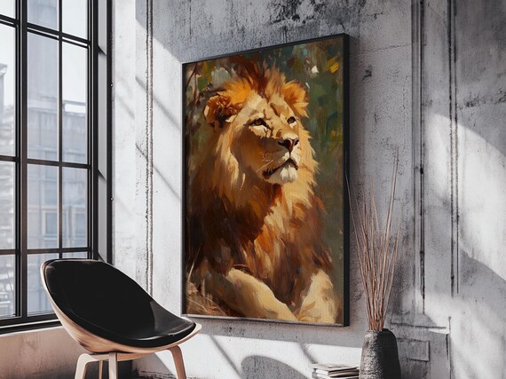 Regal Lion Portrait Oil Painting Warm Golden Wildlife Art Print