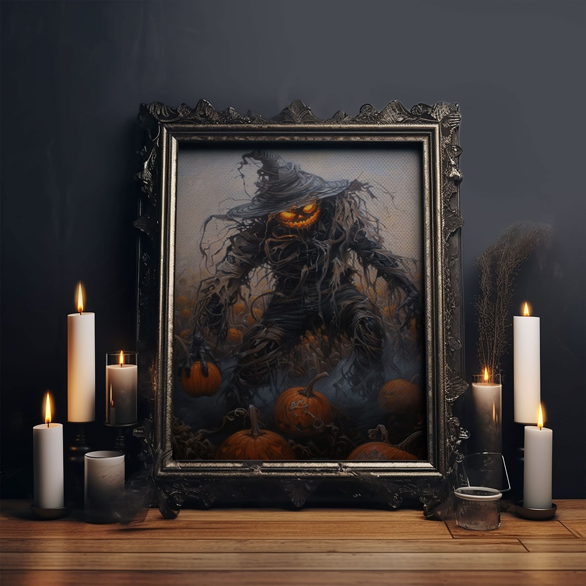 Haunting Pumpkin Head Scarecrow In Misty Field Halloween Art Print - Image 6