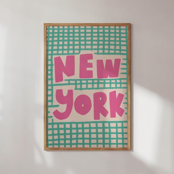 Playful New York Pink Hand Lettered Green Grid Typography Wall Art