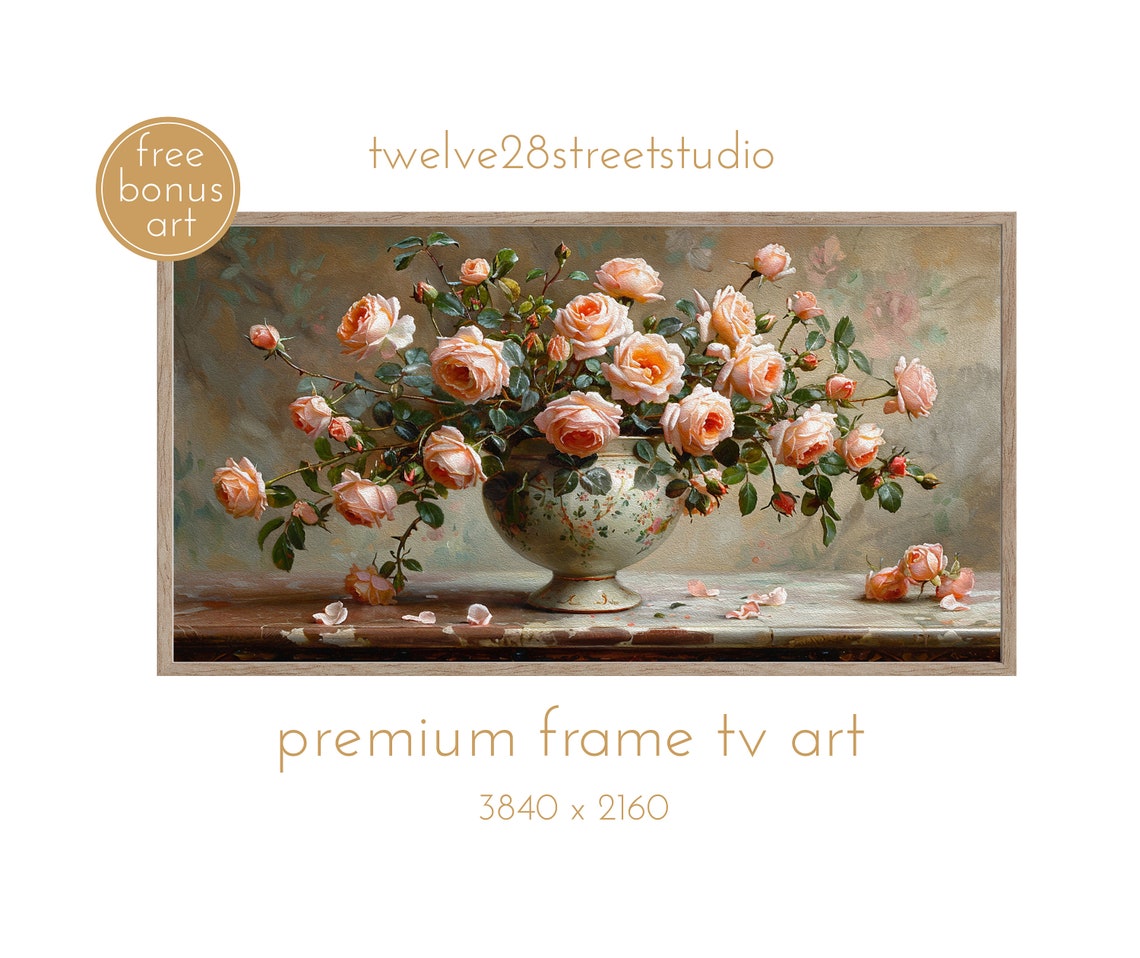 Blush Peach Roses Porcelain Bowl Romantic Floral Still Life Art Print