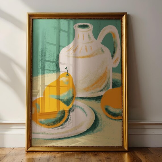 Sunlit Still Life Jug Pears Lemons Teal Kitchen Painting Art Poster