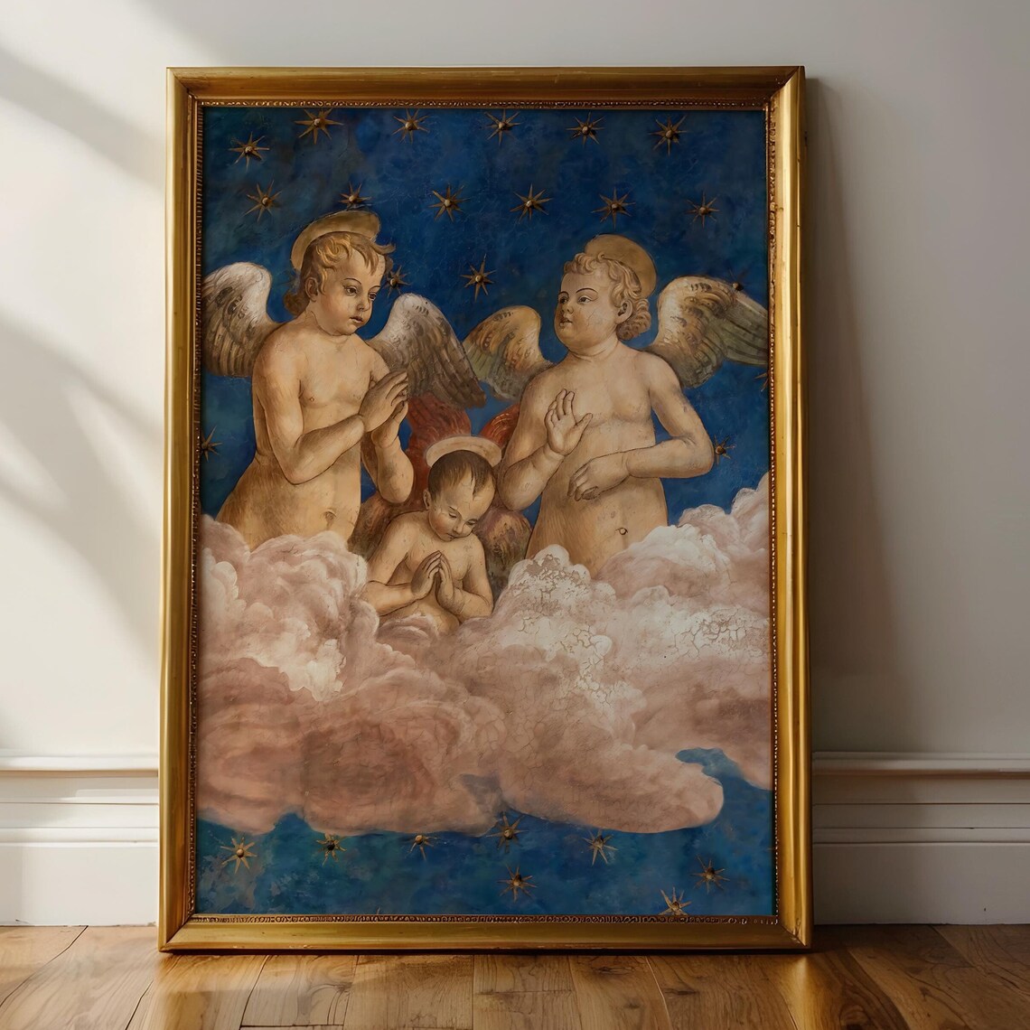 Cherubim Angels On Clouds Blue Starry Sky Religious Painting Wall Art