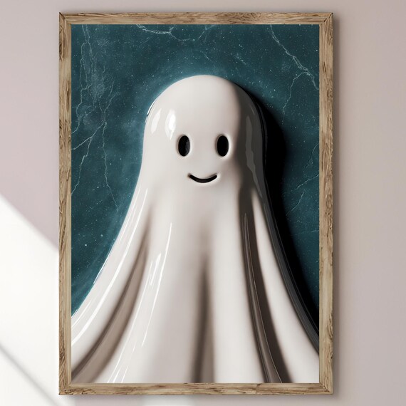 Smiling Happy Ghost Teal Starry Night Cute Halloween Wall Poster