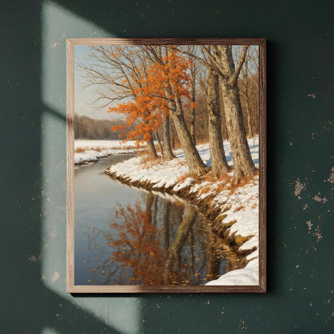 New England Riverbank Fall Wall Art Maple Trees Snow Landscape Autumn Winter Poster Print Decoration