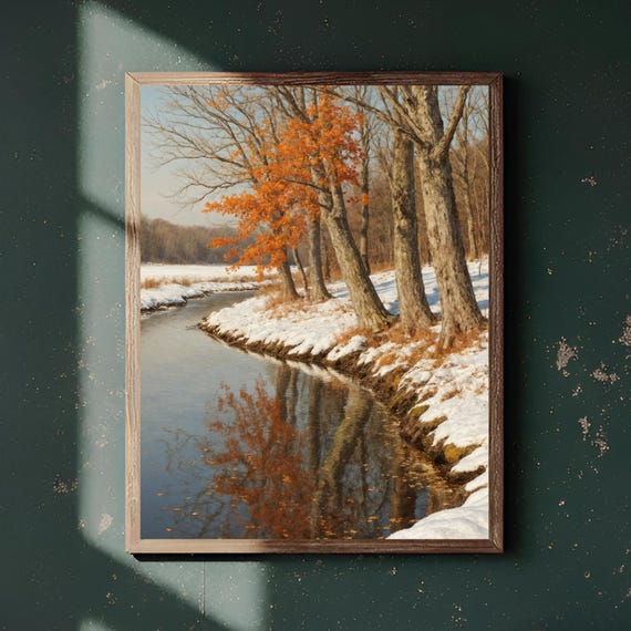 New England Riverbank Fall Wall Art Maple Trees Snow Landscape Autumn Winter Poster Print Decoration