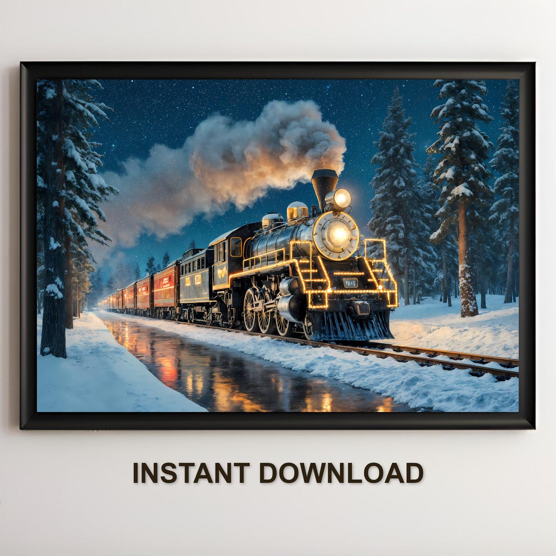 Vintage Steam Locomotive Train In Snowy Forest At Night Poster