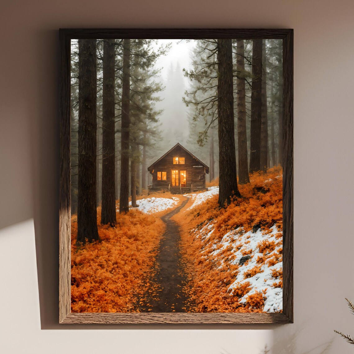 Forest Trail Cabin Poster Print, Appalachian Snow Landscape