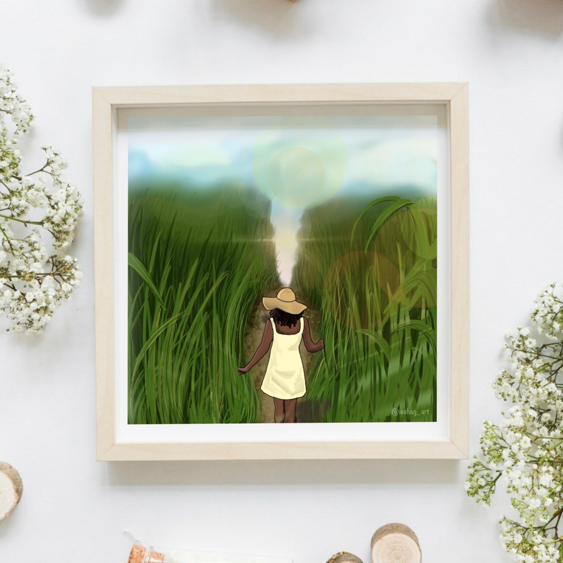 Girl in Sun Hat Walking Through Tall Grass Sunny Field Art Poster