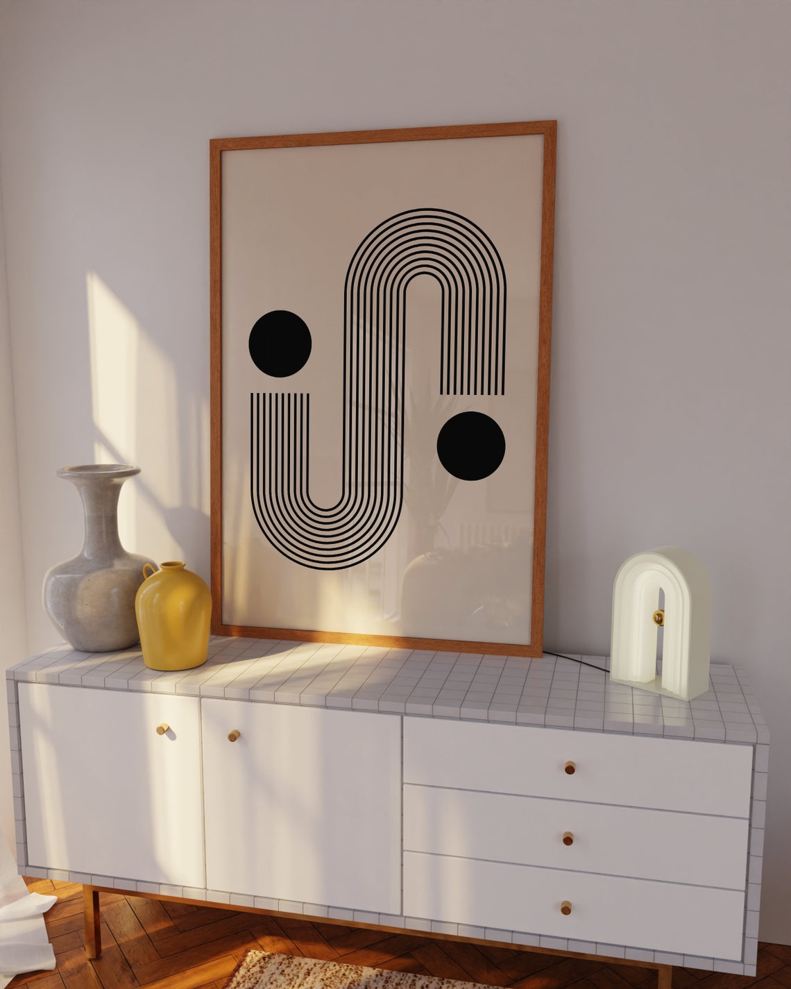 Mid Century Modern Hook Arch Striped Duo Dot Abstract Poster - Image 2