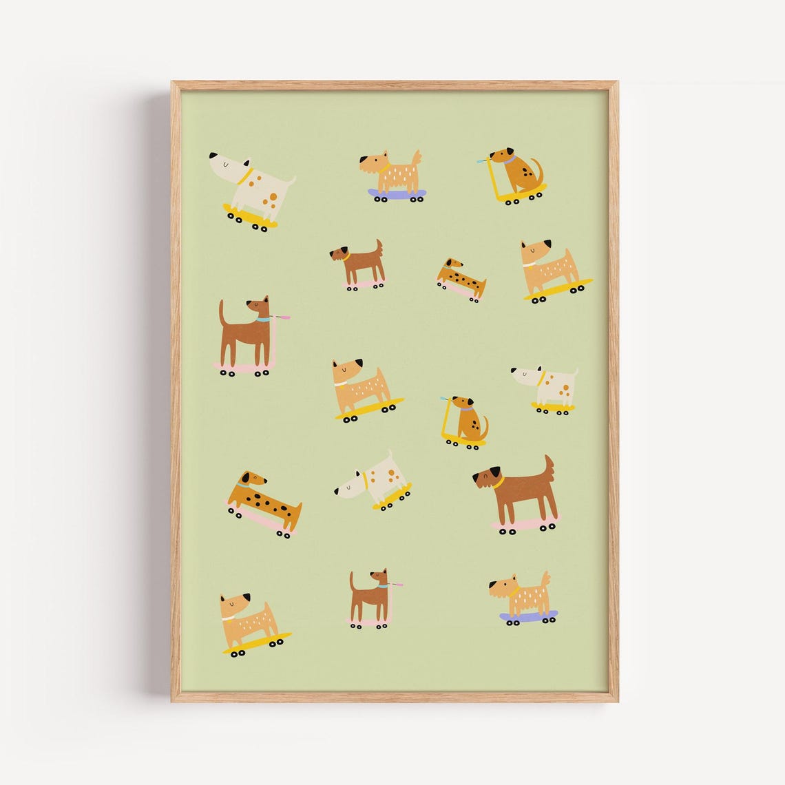 Skateboarding Dogs Cute Puppy Pattern Playful Kids Nursery Art Print