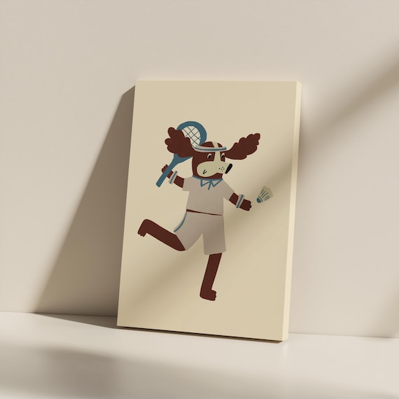 Dog Playing Tennis Wall Art Unframed Cute Sports Print Animal Lover Gift Matte Canvas Multisize