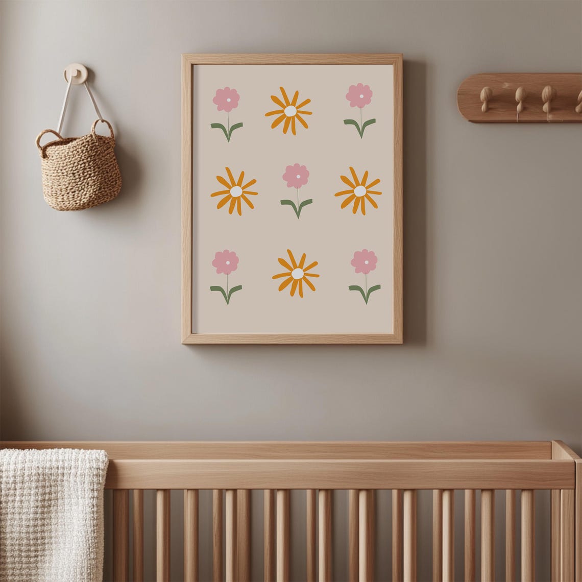Daisy Floral Grid Nursery Poster Pink Orange Boho Kids Room Decor