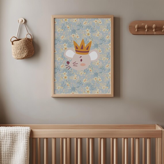 Mouse King Floral Nursery Poster Cute Crowned Mouse Art for Baby Room
