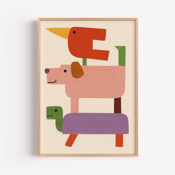 Stacked Animal Friends Print Colorful Nursery Playroom Art Unframed