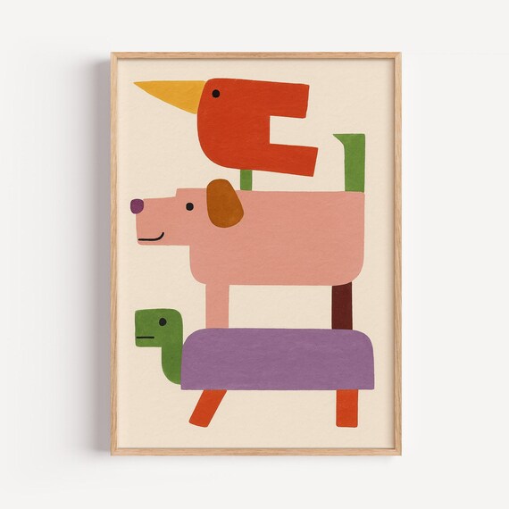 Stacked Geometric Animals Colorful Kids Nursery Playroom Wall Art