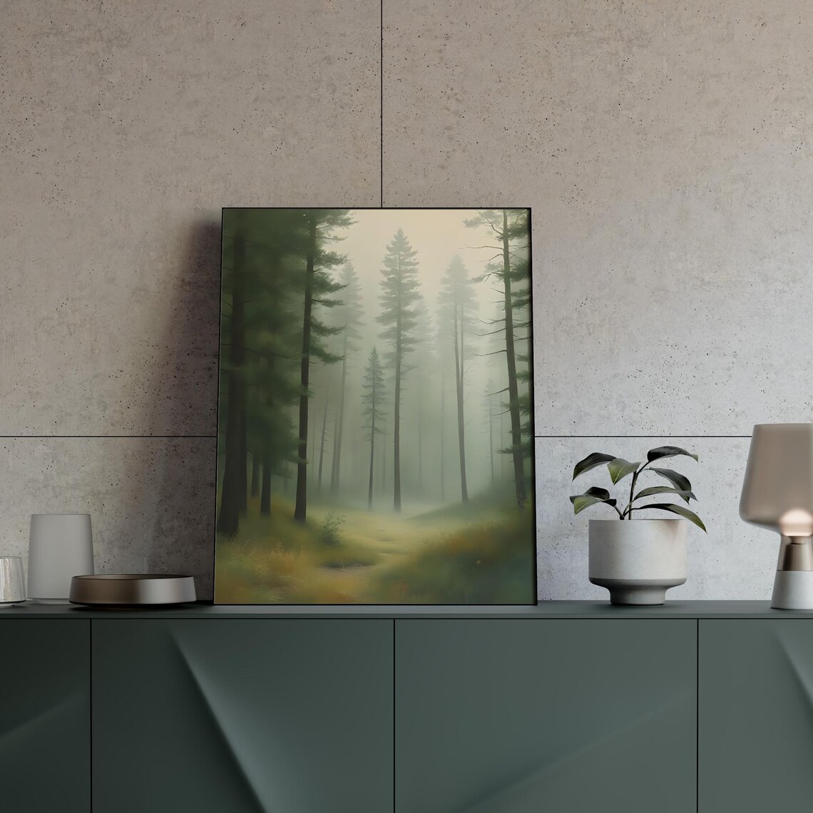 Dreamy Misty Pine Forest Path Foggy Green Quiet Nature Wall Art