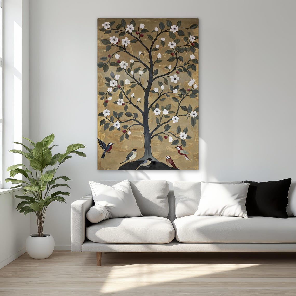 Golden Tree of Life White Blossoms Birds Botanical Art Poster
