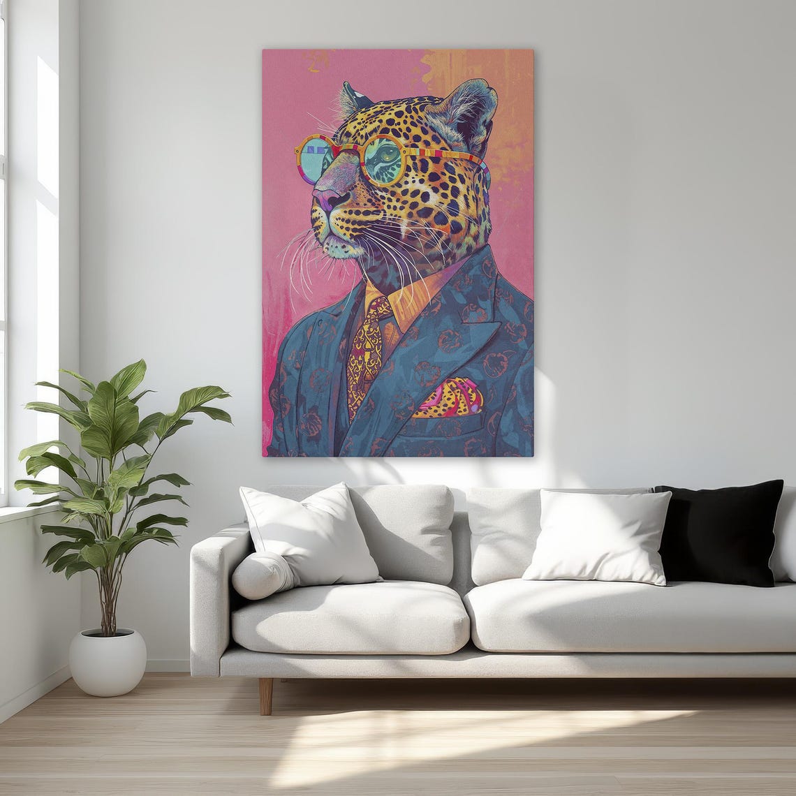 Leopard in Colorful Suit Round Sunglasses Fashion Animal Poster