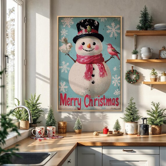 Merry Christmas Snowman With Two Birds Vintage Style Wall Art