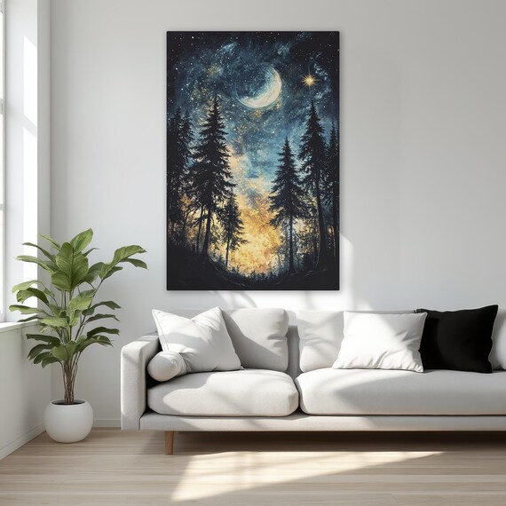 Mystical Forest Landscape Celestial Framed Canvas Print Starry Night Wall Art Enchanted Nature Scene Decor Ready To Hang