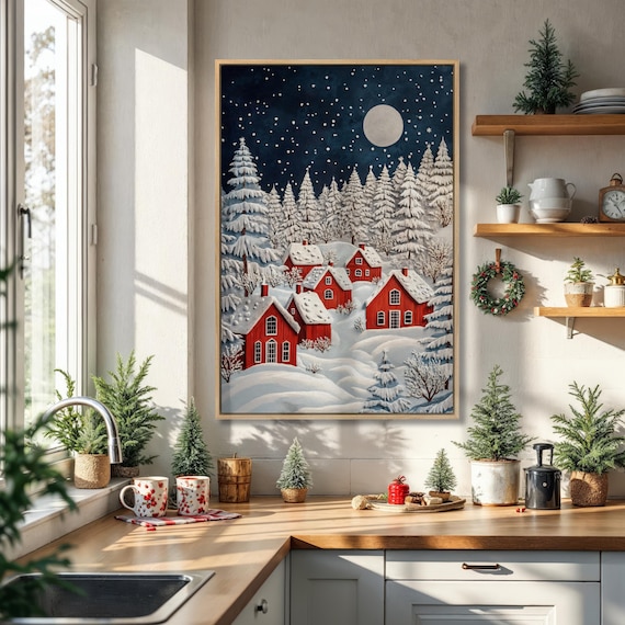 Red Cabins In Snowy Moonlit Forest Winter Wonderland Night Poster