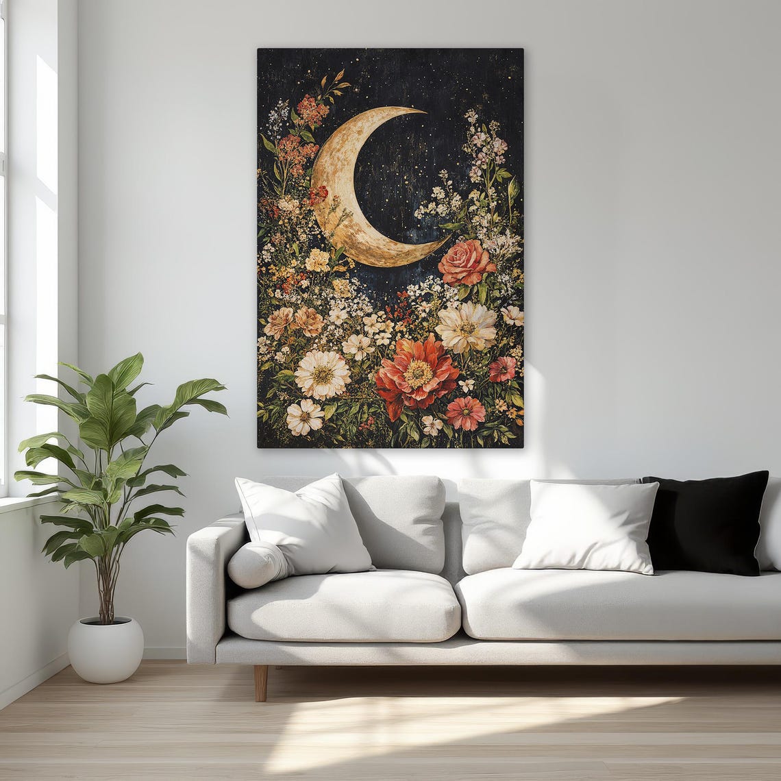 Crescent Moon Floral Night Garden Celestial Moonlit Sky Poster
