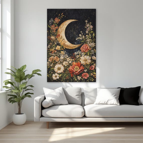Crescent Moon Art Moonlit Floral Splendor Framed Canvas Print Magical And Flowers Celestial Night Decor Ready To Hang