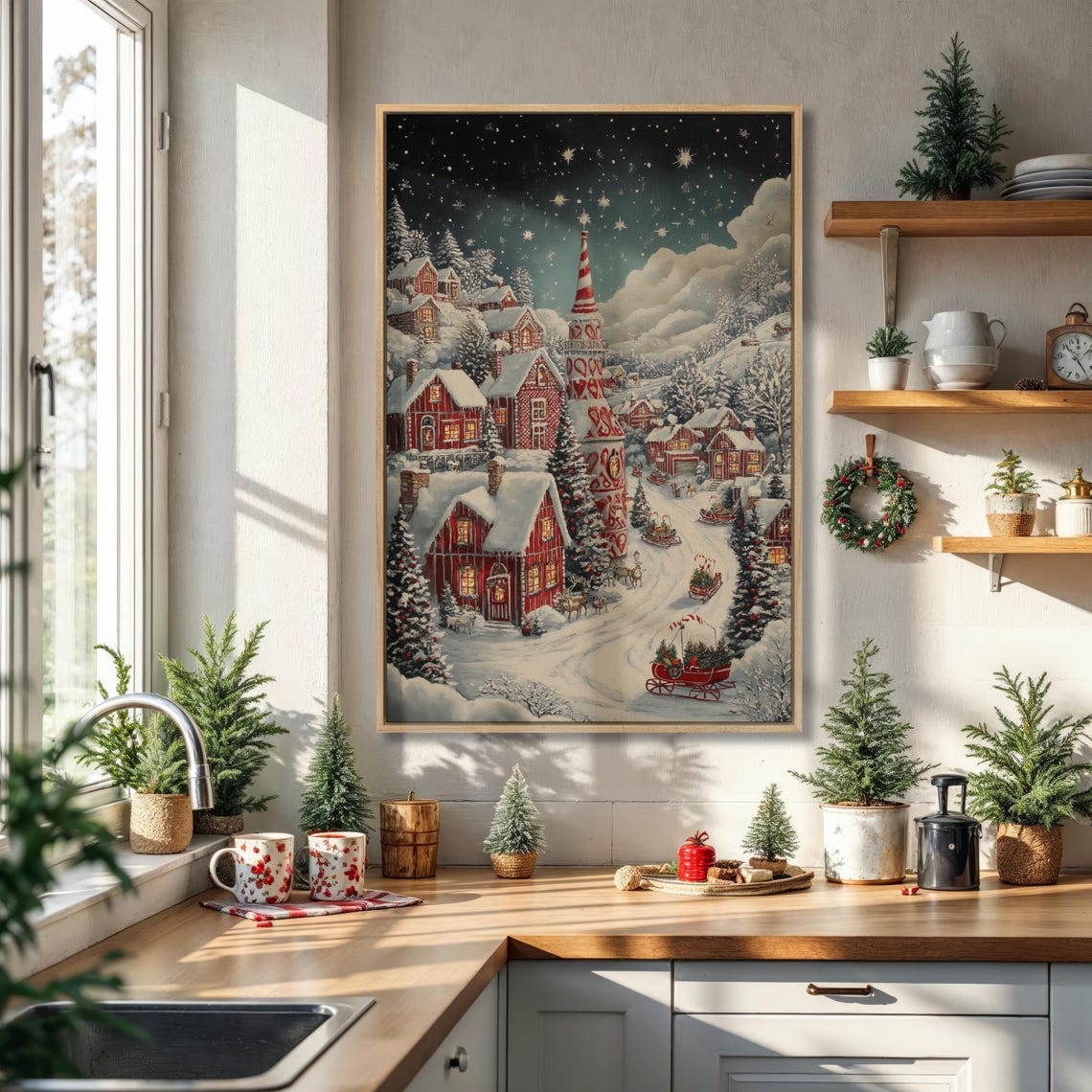 Festive Snowy Village At Night With Red Barns And Sleighs Poster