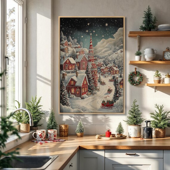 Festive Snowy Village At Night With Red Barns And Sleighs Poster